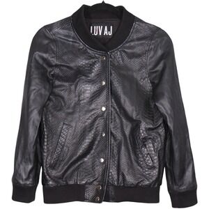 LUV AJ Womens Sz XS Black Leather Embossed Snakeskin Bomber Jacket Snap Button